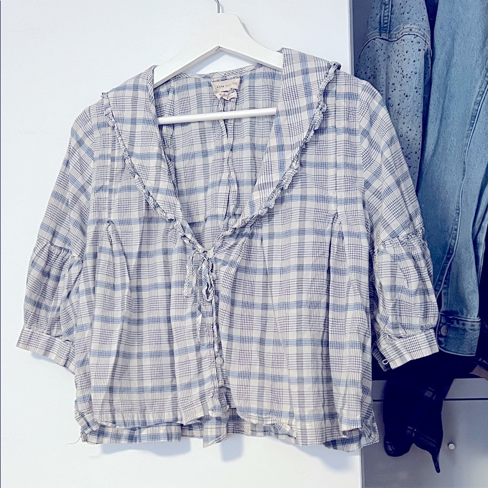 Urban Outfitters Blue Plaid Ruffle Cotton Blouse M